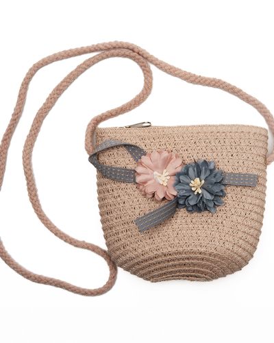 Tasje riet bloemetjes roze