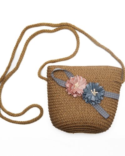 Tasje riet bloemetjes bruin